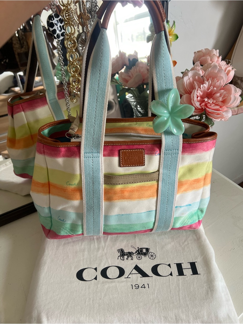 Y2K Vintage Coach Hampton Watercolor Pastel Stripe Small Tote